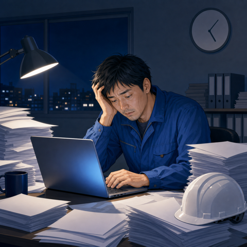 深夜の事務所で書類とノートパソコンに埋もれて疲れる親方
