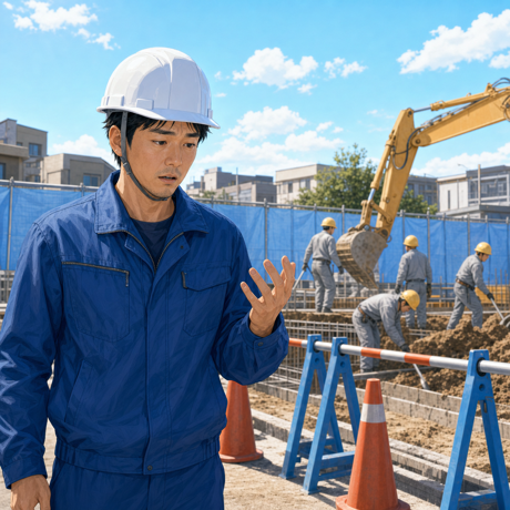他社が受注した工事現場の前で機会を逃したことに気づく親方