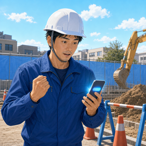 工事現場でスマートフォンの青い通知を見る親方
