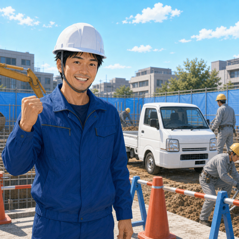 自社が受注した活気ある現場で笑顔のガッツポーズをする親方
